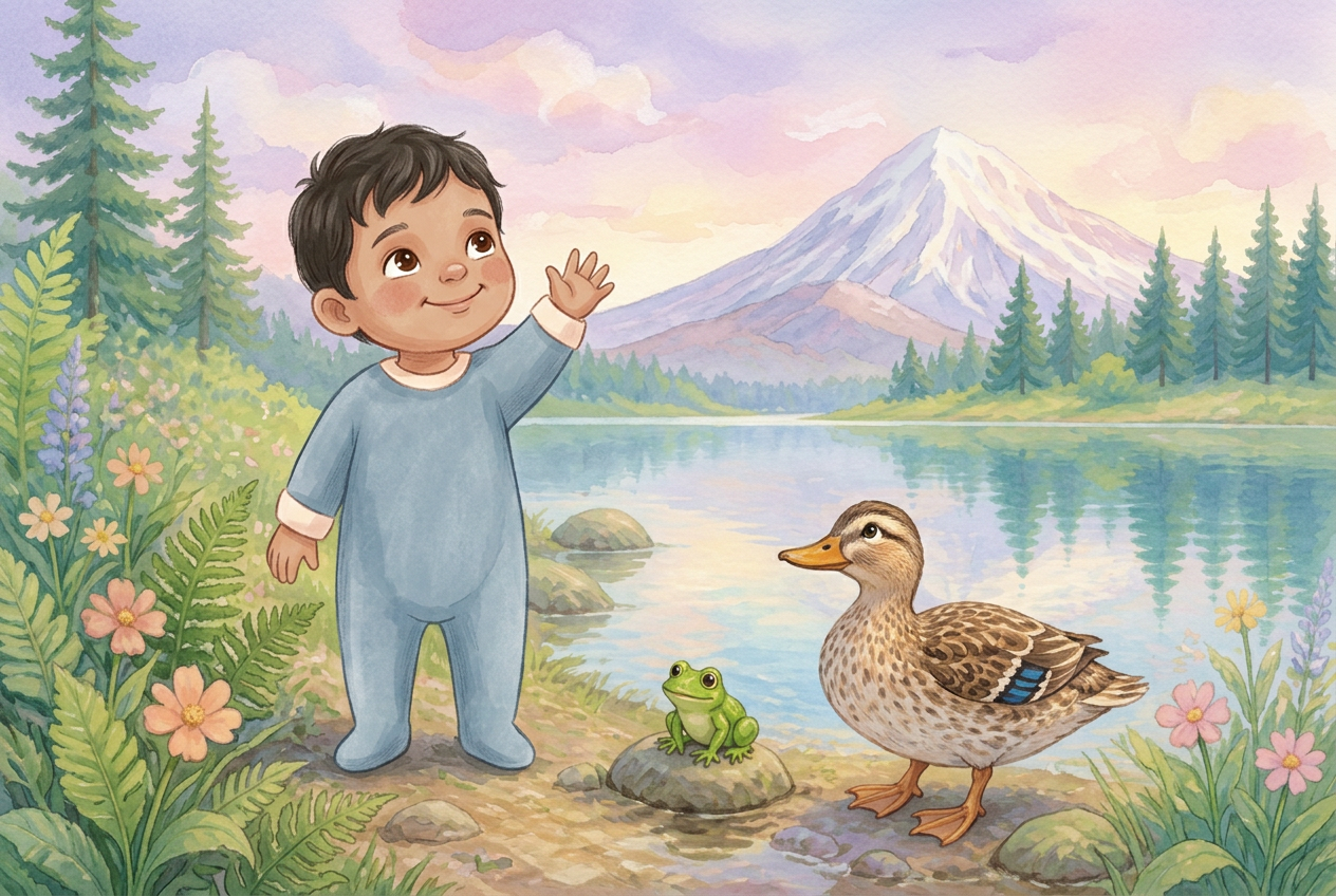 Illustration of a little boy in a blue raincoat meeting a duck and a frog beside a pastel lake